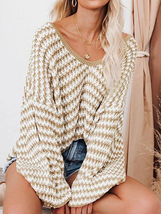 Wavy Striped Sexy Puff Sleeve Loose Knit Sweater Sweater - 808Lush