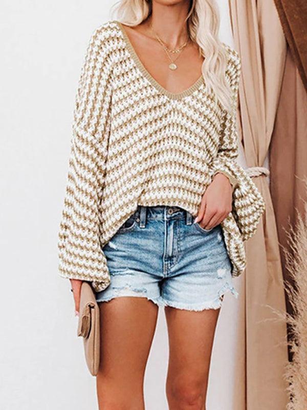 Wavy Striped Sexy Puff Sleeve Loose Knit Sweater Sweater - 808Lush