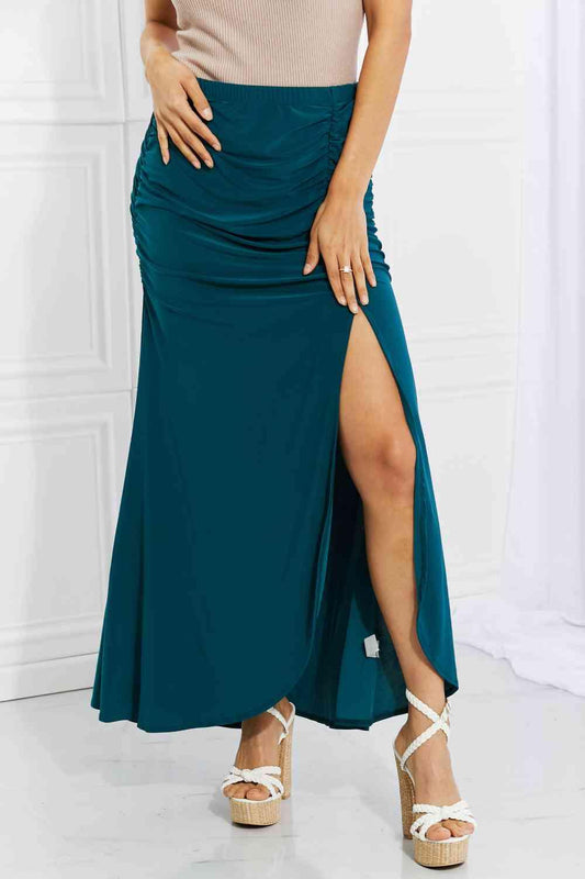 White Birch Full Size Up and Up Ruched Slit Maxi Skirt in Teal - 808Lush
