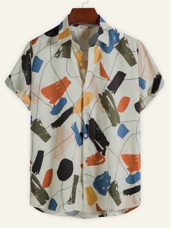 White Graffiti Print Lapel Cotton Slim Fit Men's Shirt - 808Lush