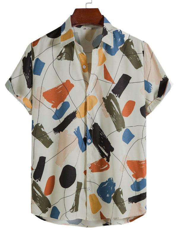 White Graffiti Print Lapel Cotton Slim Fit Men's Shirt - 808Lush