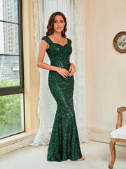 Woman'S Sequin Temperament Green Sling Mid Waist Party Long Floor Dress - 808Lush