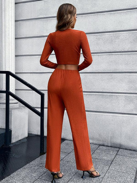 Long-Sleeved Bow V-Neck Solid Color Slim Sexy Two-Piece Suit - 808Lush
