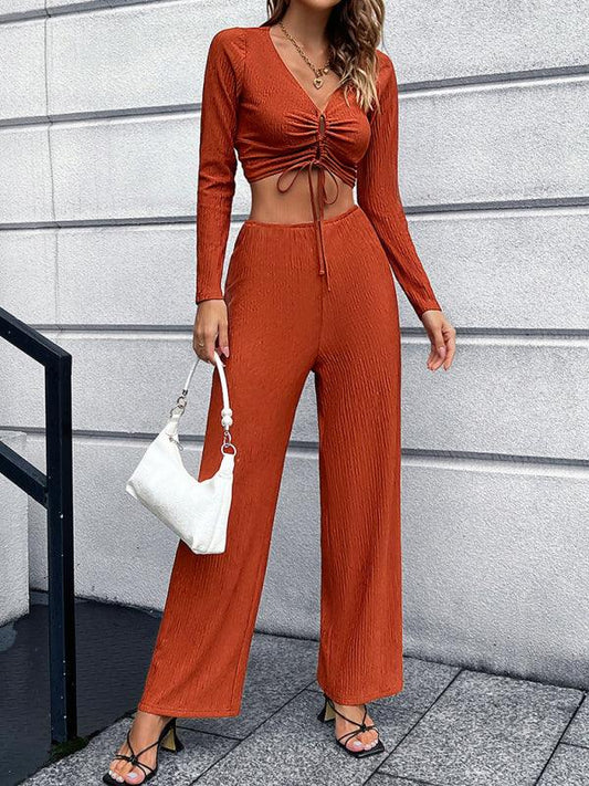 Long-Sleeved Bow V-Neck Solid Color Slim Sexy Two-Piece Suit - 808Lush