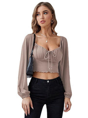 Women'S Low Cut Navel Lantern Sleeve Drawstring Fungus Tops - 808Lush