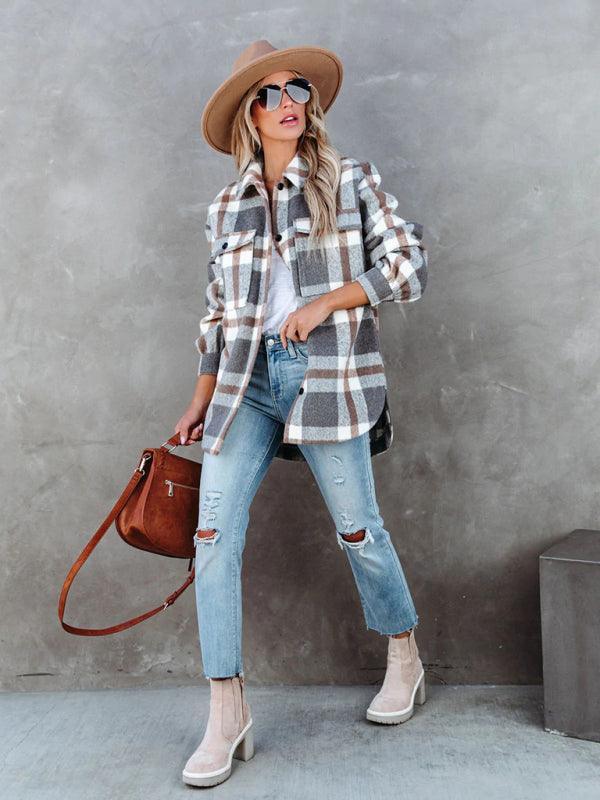 Women's Autumn and Winter Plaid Brushed Lapel Jacket - 808Lush