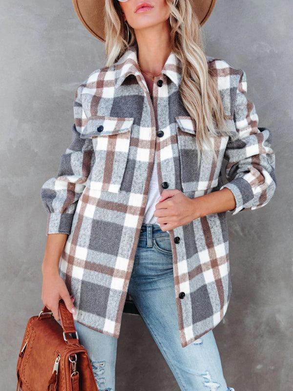 Women's Autumn and Winter Plaid Brushed Lapel Jacket - 808Lush