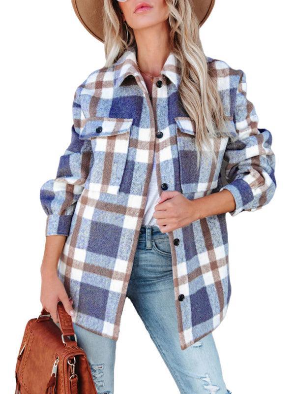 Women's Autumn and Winter Plaid Brushed Lapel Jacket - 808Lush