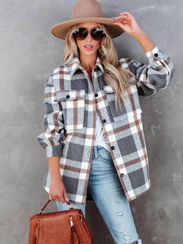 Women's Autumn and Winter Plaid Brushed Lapel Jacket - 808Lush