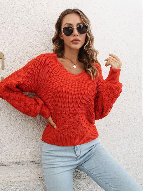 Women's Balloon Sleeve V-Neck Knit Sweater - 808Lush