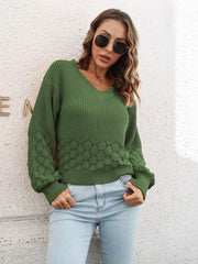 Women's Balloon Sleeve V-Neck Knit Sweater - 808Lush