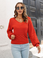 Women's Balloon Sleeve V-Neck Knit Sweater - 808Lush