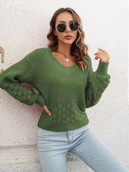 Women's Balloon Sleeve V-Neck Knit Sweater - 808Lush