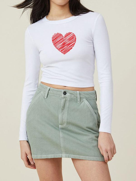 Women's Basics Red Heart Balloon Small Label Print Slim Fit Long Sleeve T-Shirt Top - 808Lush