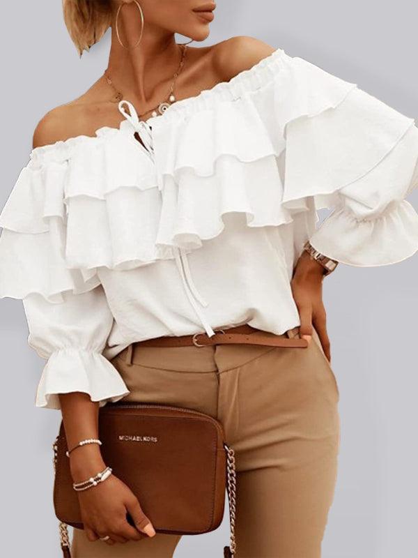 Women's Boat neck tie ruffle track blouse - 808Lush