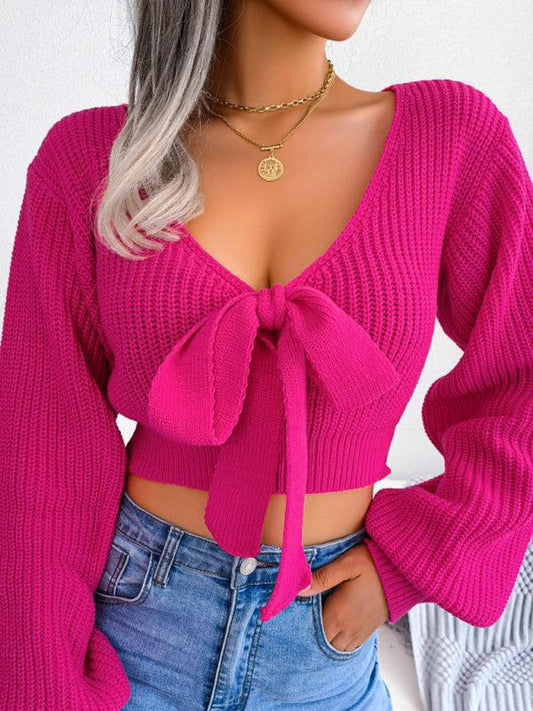 Women's Bow V-Neck Lantern Sleeve Crop Sweater - 808Lush