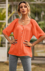 Women's Button Square Neck Loose Short Sleeve Shirt Top - 808Lush