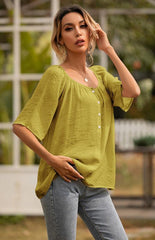 Women's Button Square Neck Loose Short Sleeve Shirt Top - 808Lush