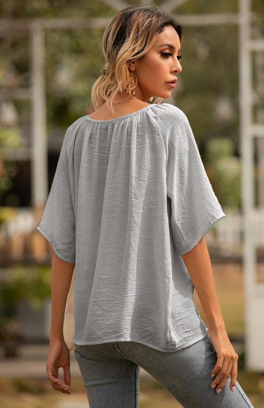 Women's Button Square Neck Loose Short Sleeve Shirt Top - 808Lush