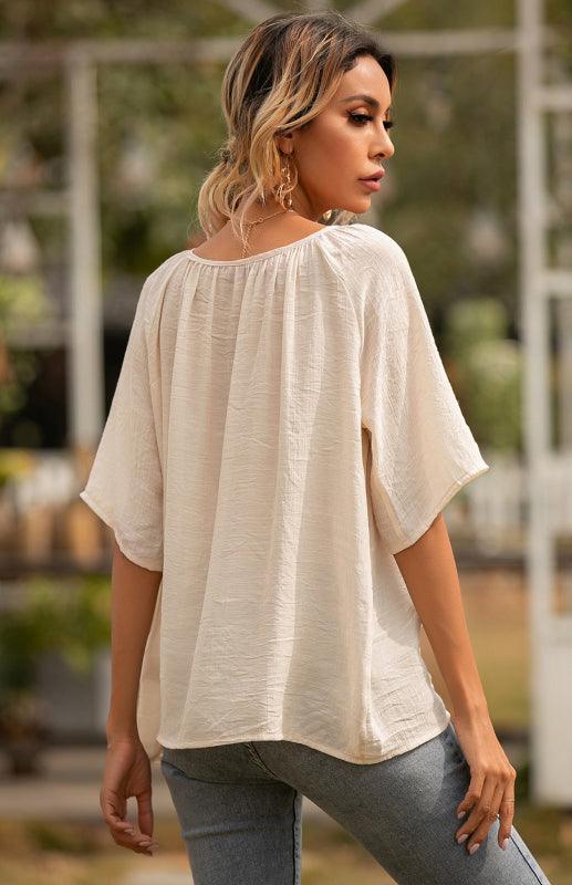 Women's Button Square Neck Loose Short Sleeve Shirt Top - 808Lush