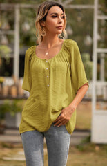 Women's Button Square Neck Loose Short Sleeve Shirt Top - 808Lush