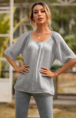 Women's Button Square Neck Loose Short Sleeve Shirt Top - 808Lush