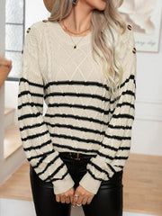 Women's Casual Button Striped Long Sleeve Pullover Sweater - 808Lush