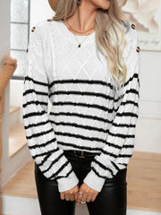 Women's Casual Button Striped Long Sleeve Pullover Sweater - 808Lush