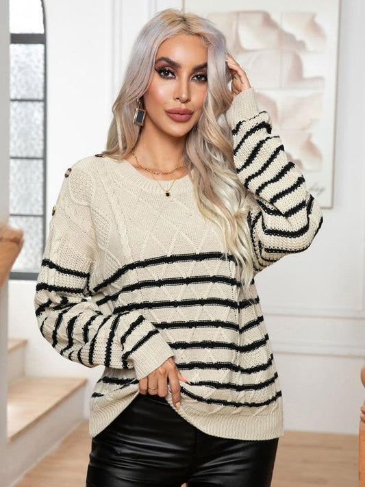 Women's Casual Button Striped Long Sleeve Pullover Sweater - 808Lush