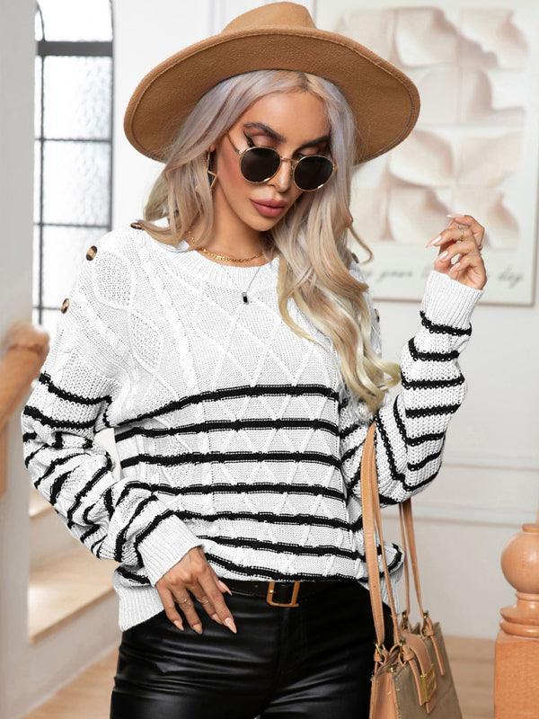 Women's Casual Button Striped Long Sleeve Pullover Sweater - 808Lush