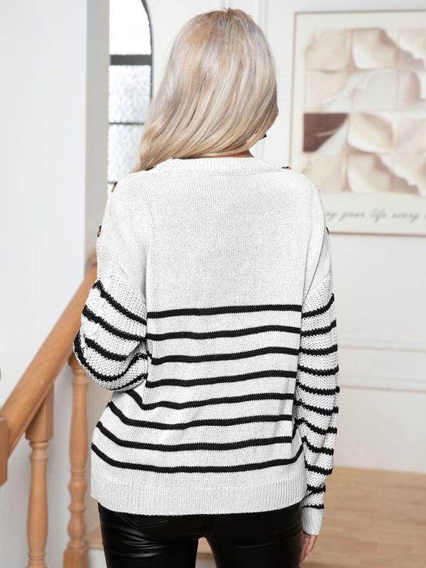 Women's Casual Button Striped Long Sleeve Pullover Sweater - 808Lush