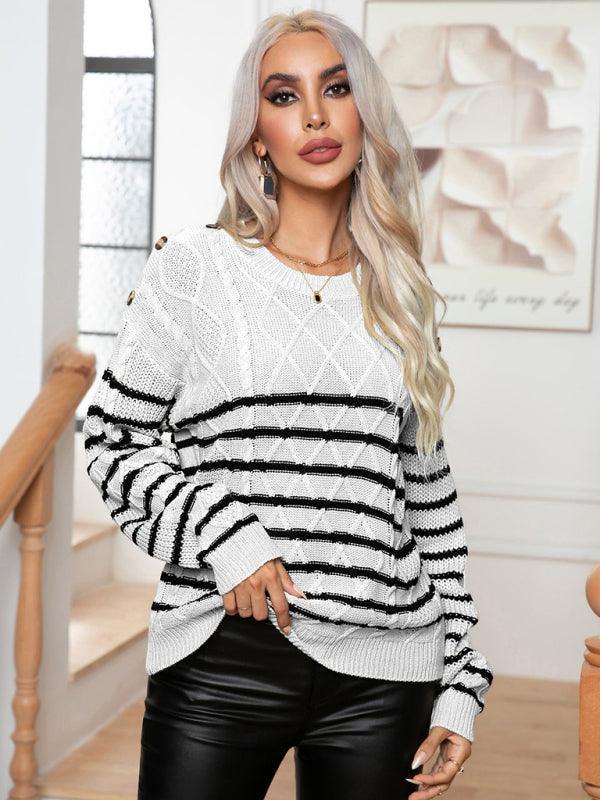 Women's Casual Button Striped Long Sleeve Pullover Sweater - 808Lush