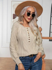 Women's Casual Button Twist Long Sleeve Pullover Sweater - 808Lush