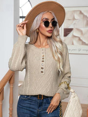 Women's Casual Button Twist Long Sleeve Pullover Sweater - 808Lush