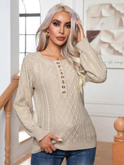 Women's Casual Button Twist Long Sleeve Pullover Sweater - 808Lush