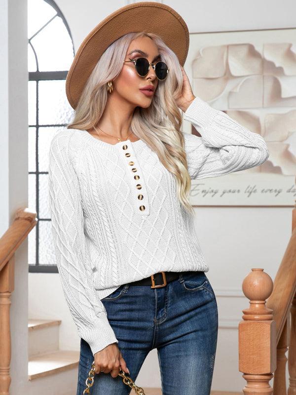 Women's Casual Button Twist Long Sleeve Pullover Sweater - 808Lush