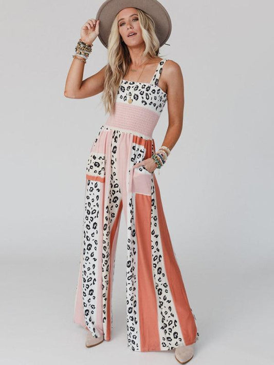 Women's Casual Fashion Leopard Mixed Color Print Pocket Jumpsuit - 808Lush