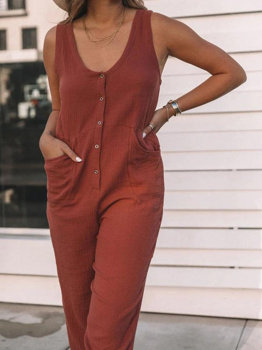 Women's Casual Fashion Solid Color Button Casual Jumpsuit - 808Lush
