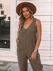 Women's Casual Fashion Solid Color Button Casual Jumpsuit - 808Lush