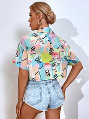 Women's Casual Fashion Street Cropped Graffiti Print Short Sleeve Shirt - 808Lush