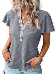 Women's Casual Fly Fly Sleeve Waffle Stitching Top Short Sleeve T-Shirt - 808Lush