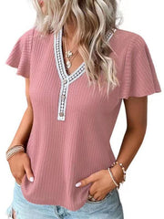 Women's Casual Fly Fly Sleeve Waffle Stitching Top Short Sleeve T-Shirt - 808Lush