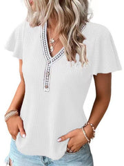 Women's Casual Fly Fly Sleeve Waffle Stitching Top Short Sleeve T-Shirt - 808Lush