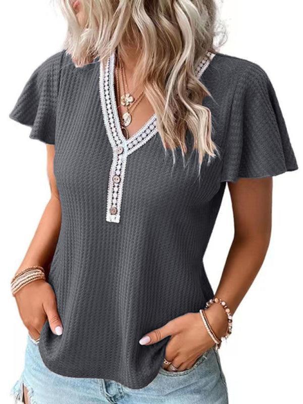 Women's Casual Fly Fly Sleeve Waffle Stitching Top Short Sleeve T-Shirt - 808Lush