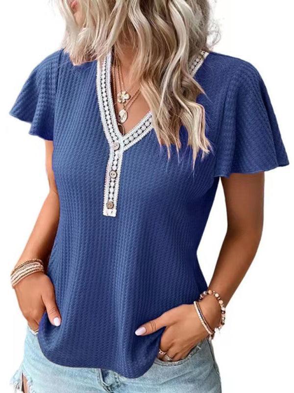 Women's Casual Fly Fly Sleeve Waffle Stitching Top Short Sleeve T-Shirt - 808Lush