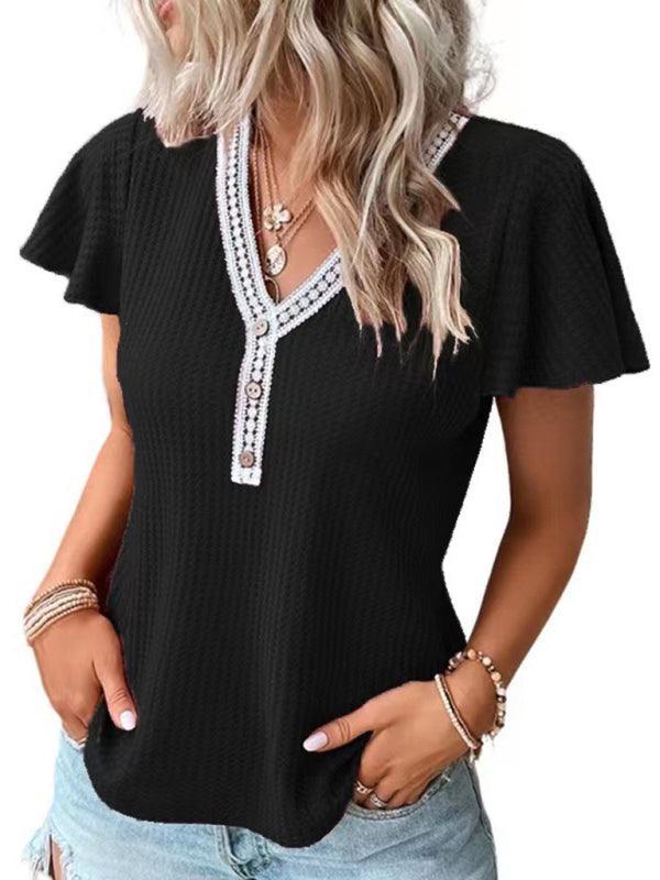 Women's Casual Fly Fly Sleeve Waffle Stitching Top Short Sleeve T-Shirt - 808Lush