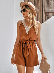 Women's Casual Lace V-Neck Sleeveless Belt Jumpsuit - 808Lush