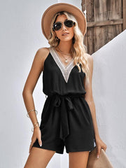 Women's Casual Lace V-Neck Sleeveless Belt Jumpsuit - 808Lush