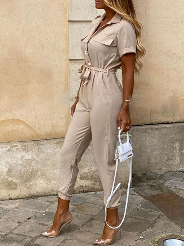 Women's Casual Lapel Buttoned Belt Cargo Jumpsuit - 808Lush