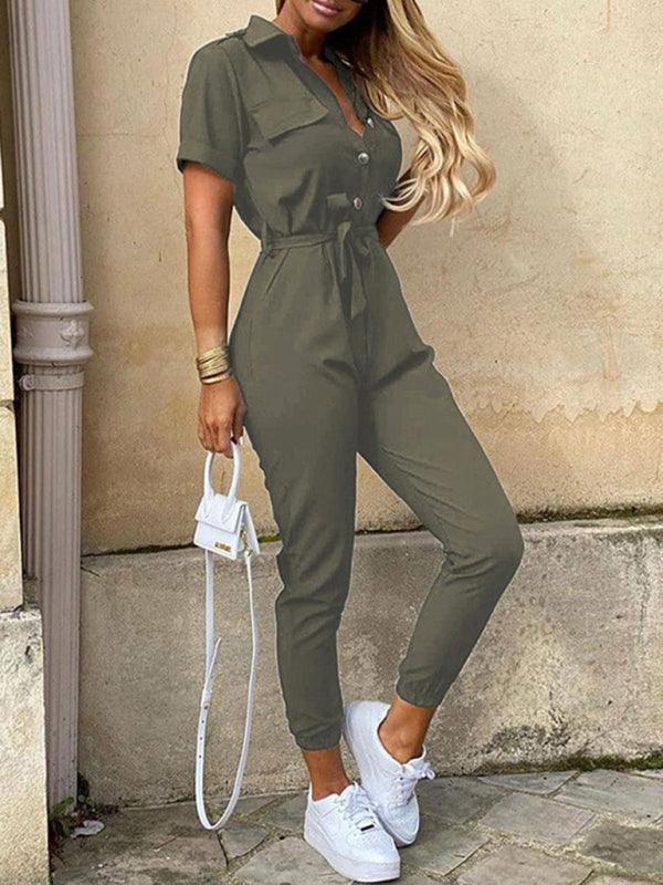 Women's Casual Lapel Buttoned Belt Cargo Jumpsuit - 808Lush